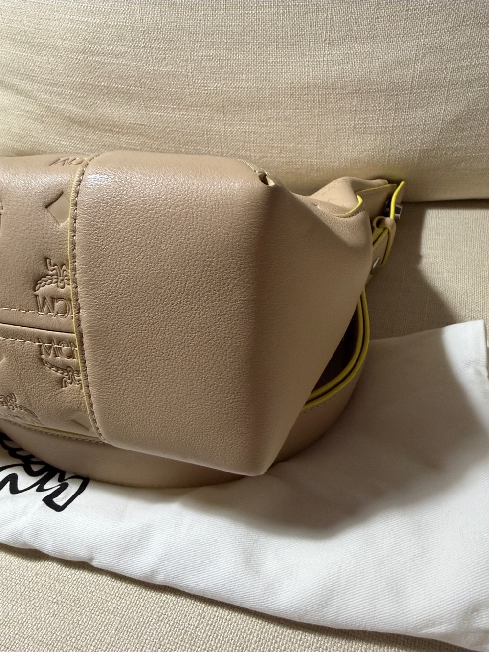MCM Taupe Leather Shoulder Bag with Yellow Trim - Picture 6 of 10